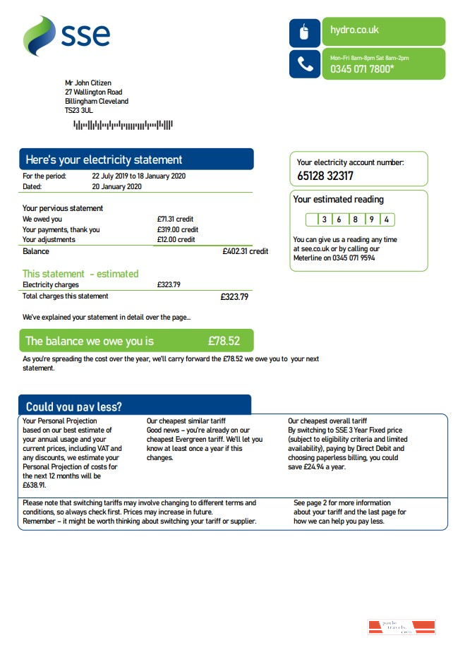 United Kingdom SSE Energy utility bill template in Word and PDF format, version 3